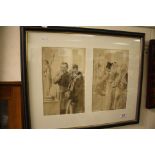 Two Humorous Pencil Drawings contained in one frame depicting Men looking at a Nude Sculpture,