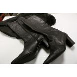 Pair of Katherine Hamnett dark grey/black ostrich leather heeled boots, square toe, heel height