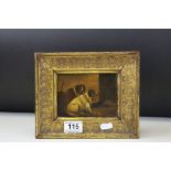 Small 19th century Oil Painting on Tin depicting Dogs in a Barn, 9cms x 13cms, gilt framed