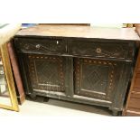 Victorian Dark Oak Side Cabinet with Two Carved Drawers and Two Carved Panel Doors, 128cms long x