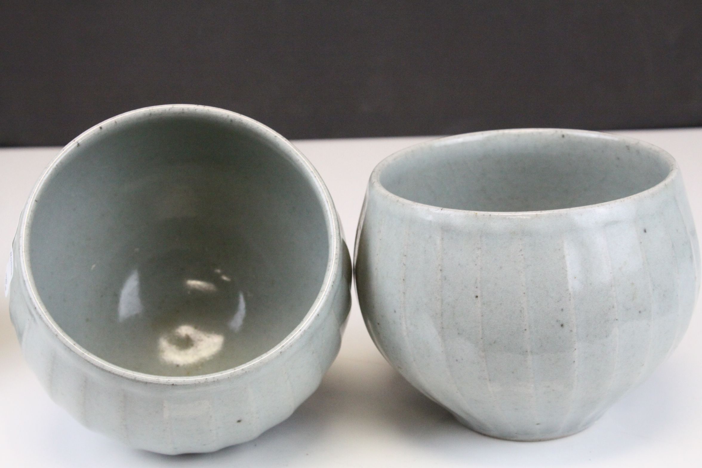 Three Studio Pottery Ribbed Bowls with A mark. largest 11.5cms high - Image 5 of 9