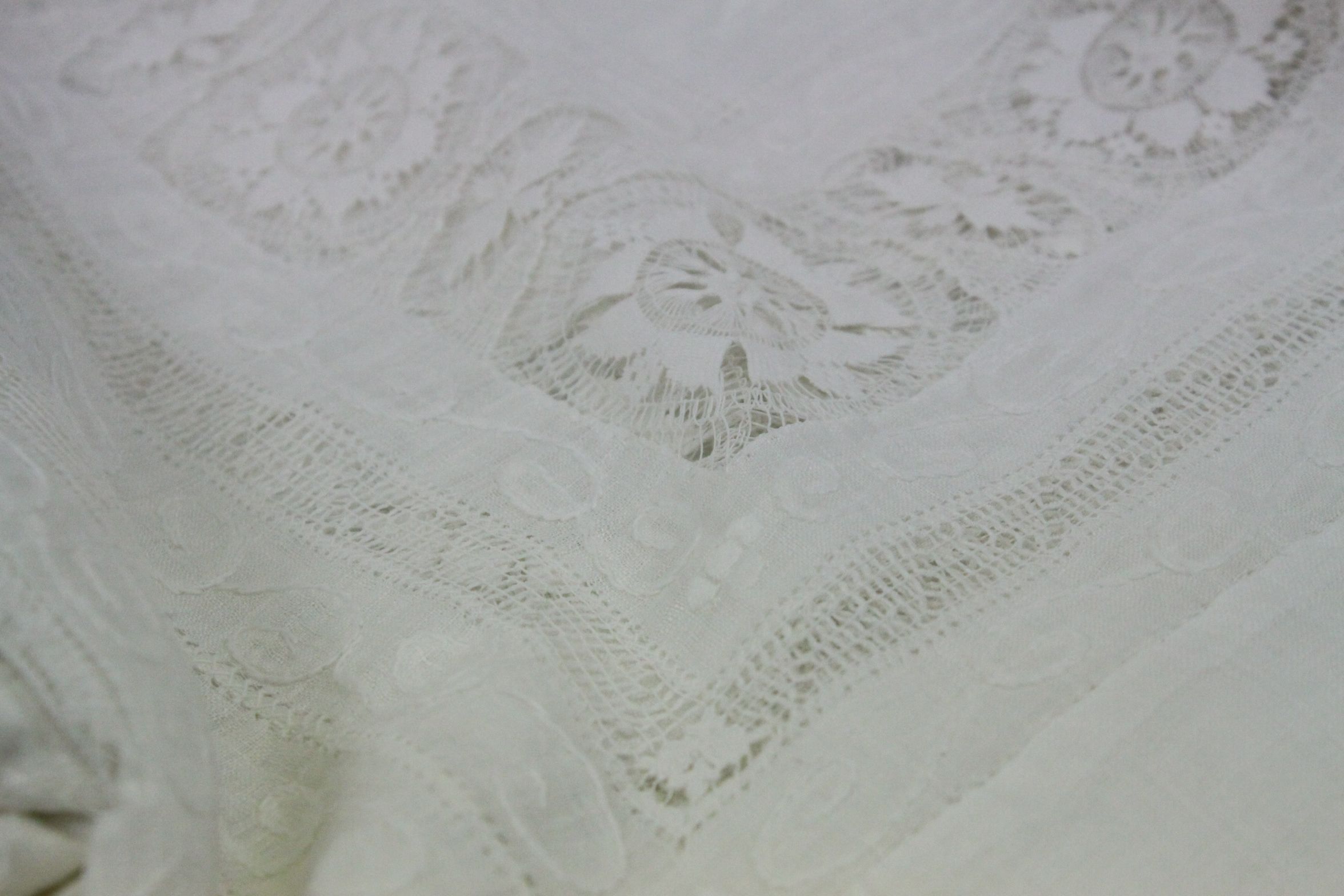 Pair of late 19th century/ early 20th century lace tablecloth, embroidered five toed dragon - Image 2 of 5