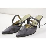 Pair of Yves Saint Laurent grey satin shoes with diamante buckle, leather soles, pointed toe,