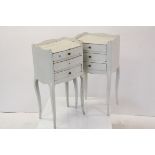 Pair of French Style Painted Bedside Cabinets, each of three drawers, raised on slender cabriole