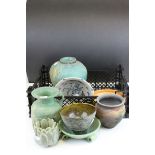 Collection of Eight Items of Studio Pottery including a Green Hare's Fur Glazed Bowl plus an Antique