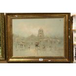 Oil on Board, Impressionist Scene of Town Square in the rain, indistinctly signed, 43cms x 58cms,