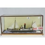 Scratch Built Model of a Steamer Sailing Boat contained in a Glass Case (glass of case damaged),