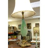 Blue Opaque Glass Table Lamp on a Gilt Metal Base together with a Circular Footstool