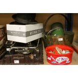Mixed Lot including vintage green painted thermos, brass jam pan, Muffin the Mule tin and a