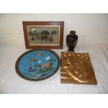 Cloisonne Vase and Charger together with Wooden Relief Plaque depicting the Head of Buddha and a