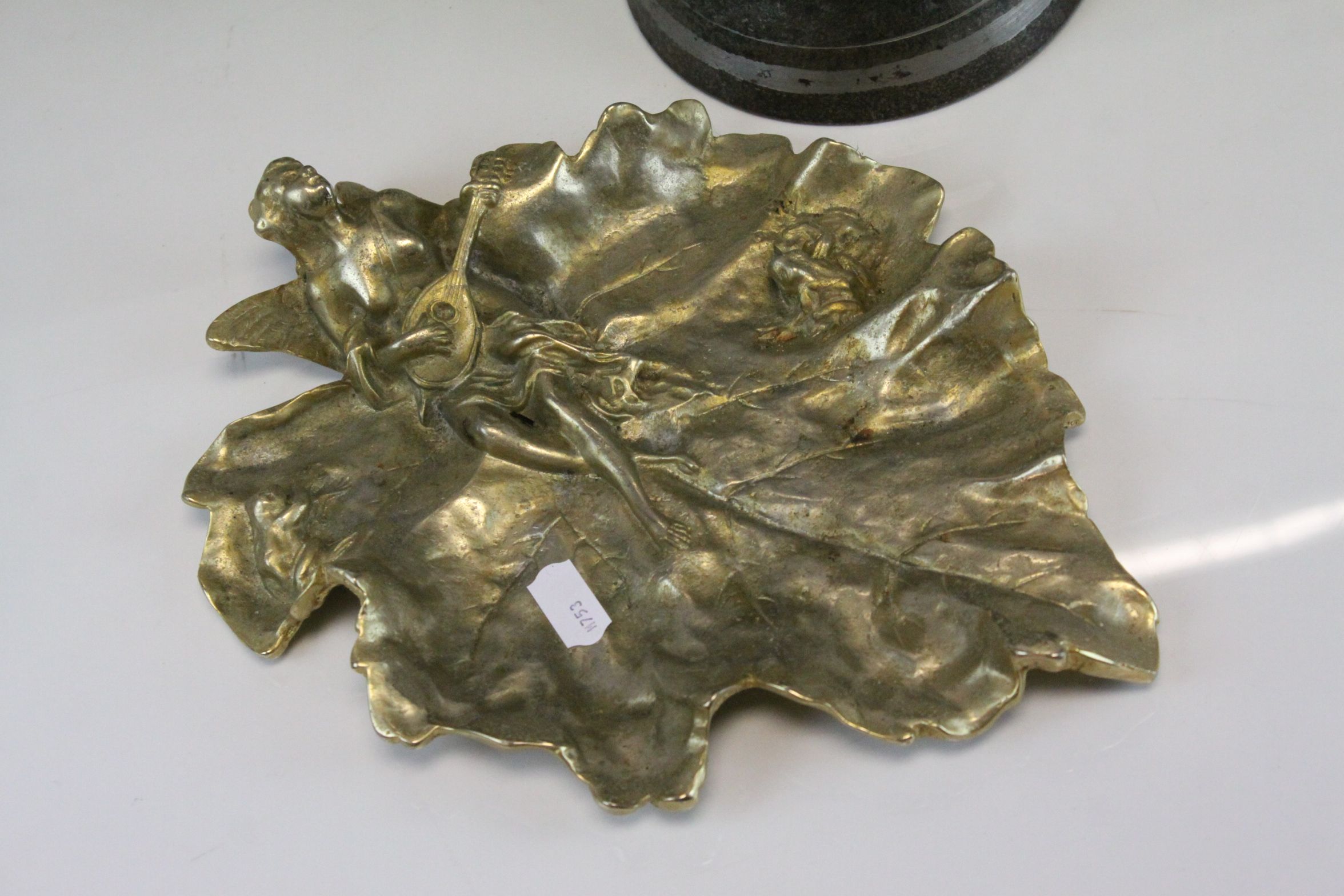 Gilt Metal Dish in the form of a Leaf with a Nubile Lady playing a Lute, 26cms long together with - Image 4 of 4