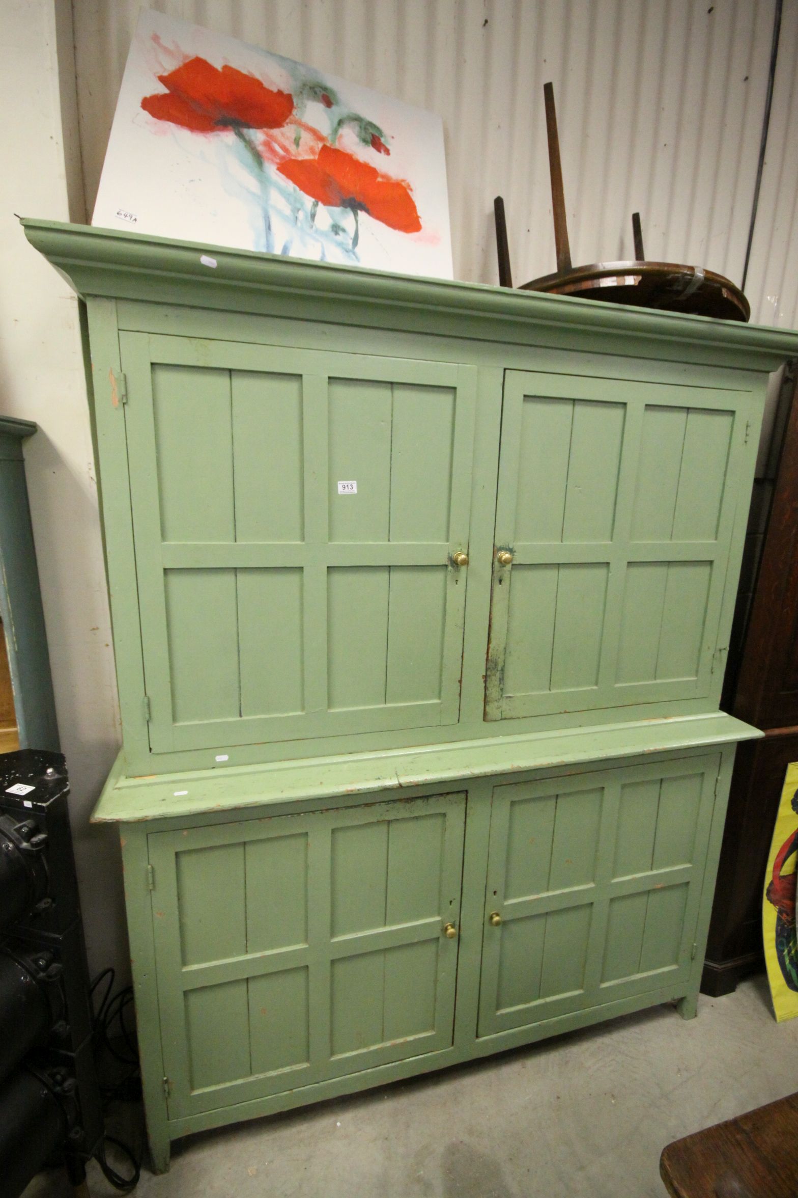 19th century Painted Pine Housekeeper's Cupboard, the four panel doors each opening to reveal