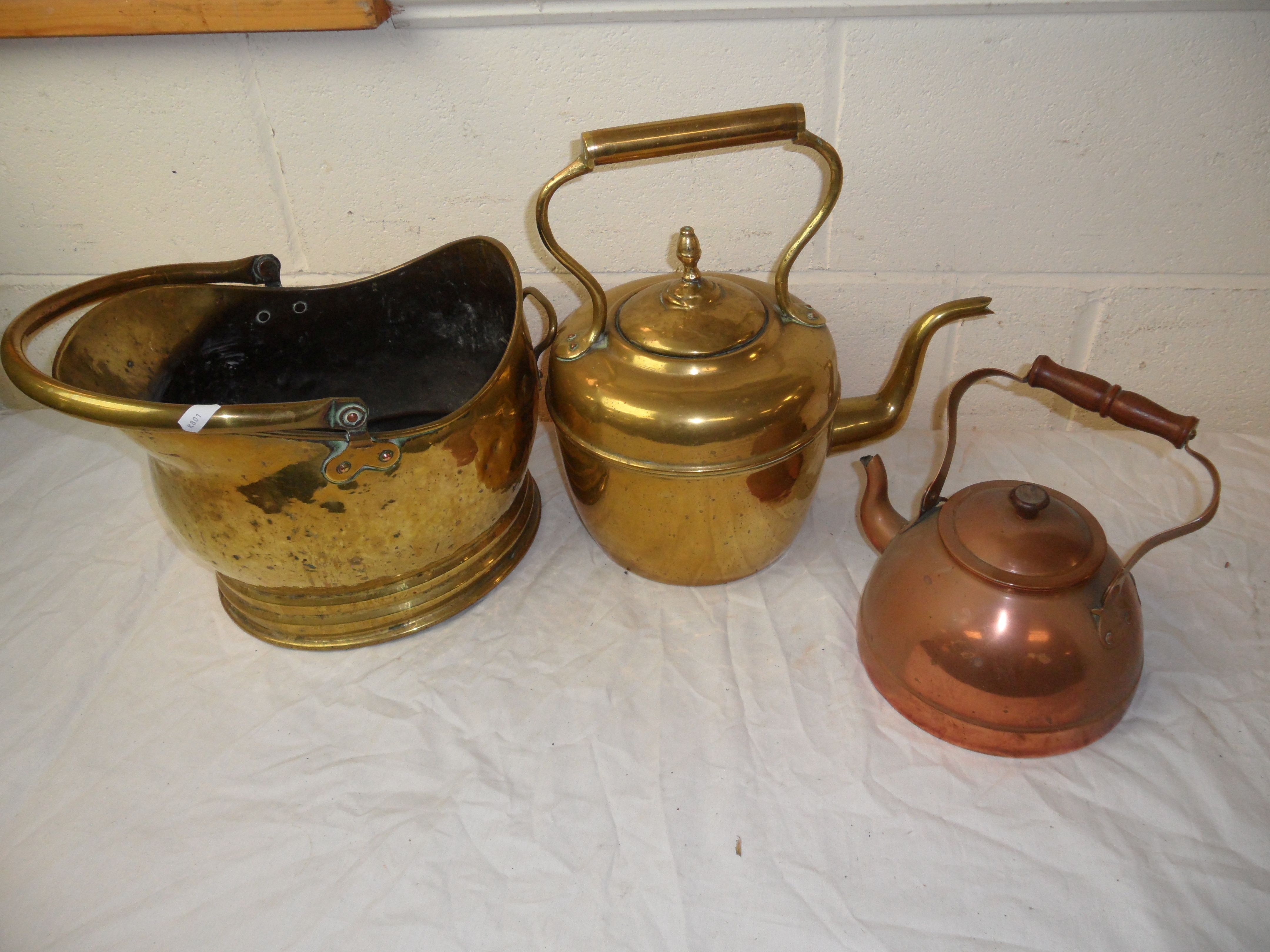 Antique Brass Kettle together with a Brass Coal Bucket and a Copper Kettle