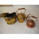 Antique Brass Kettle together with a Brass Coal Bucket and a Copper Kettle
