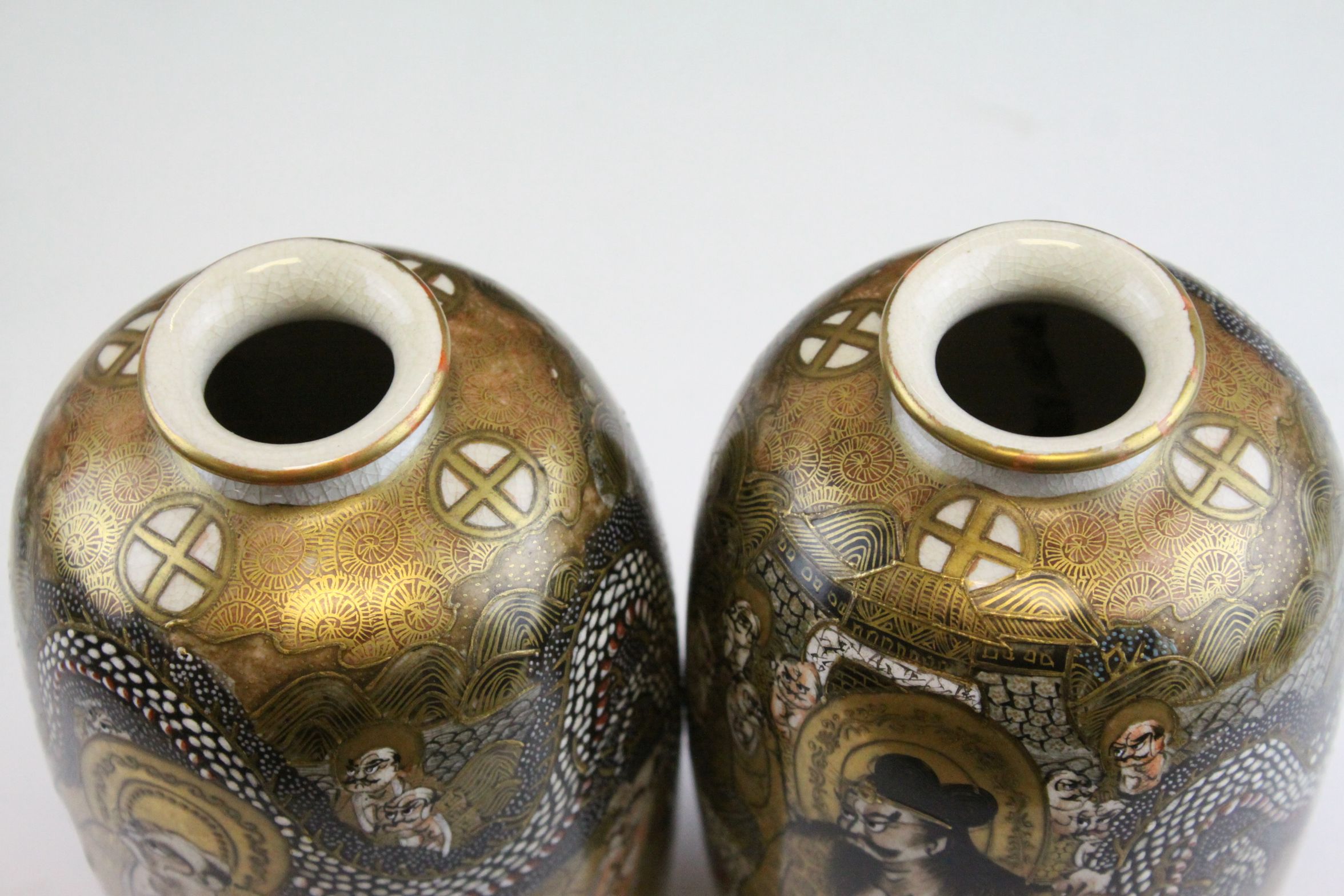 Pair of Japanese Meiji Period Satsuma Vases decorated with Immortals and Dragons, seal marks to - Image 6 of 6