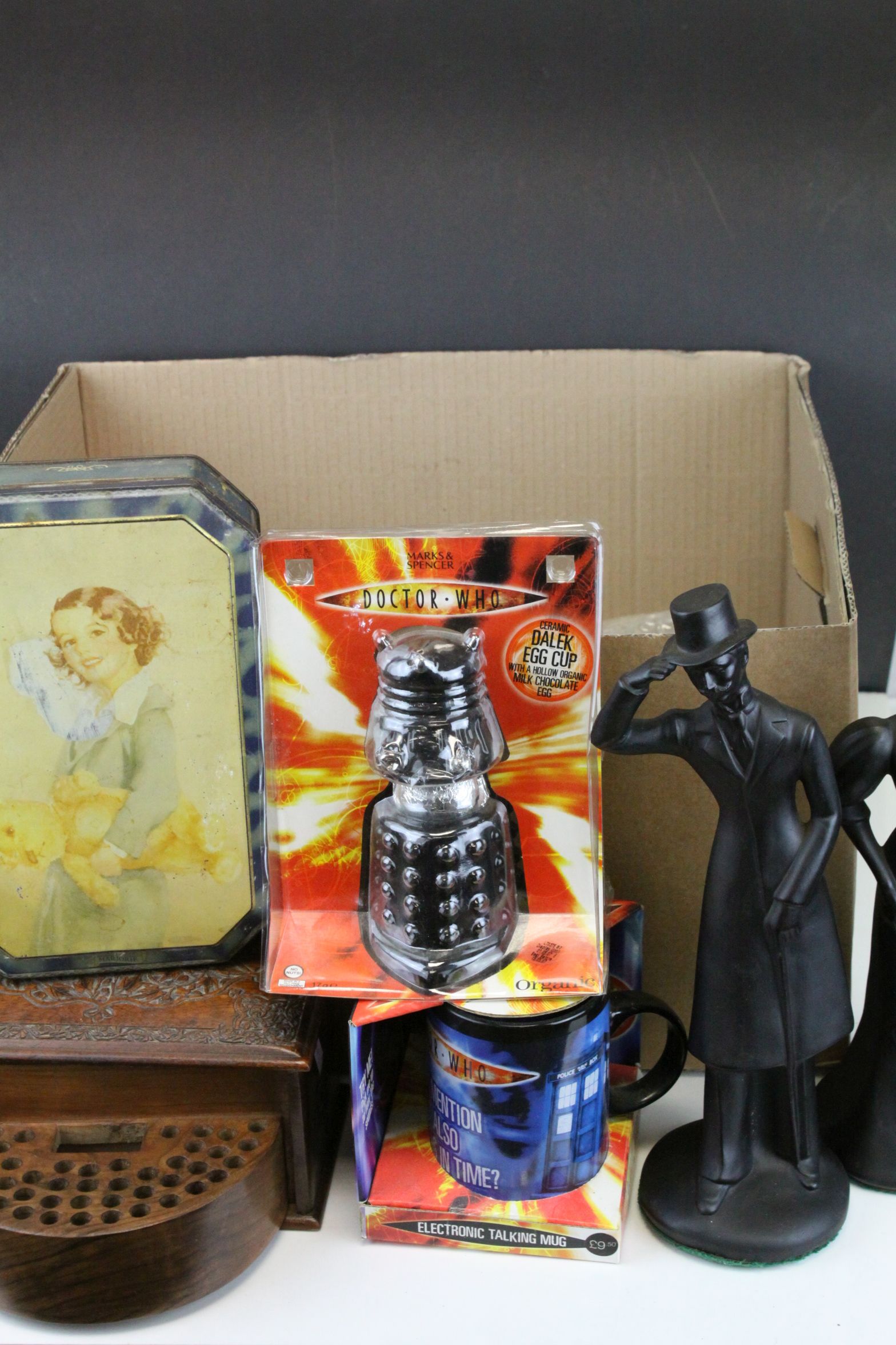 Mixed Lot of Collectables including Boxed Doctor Who Items, Carved Wooden Cigarette Dispenser, etc