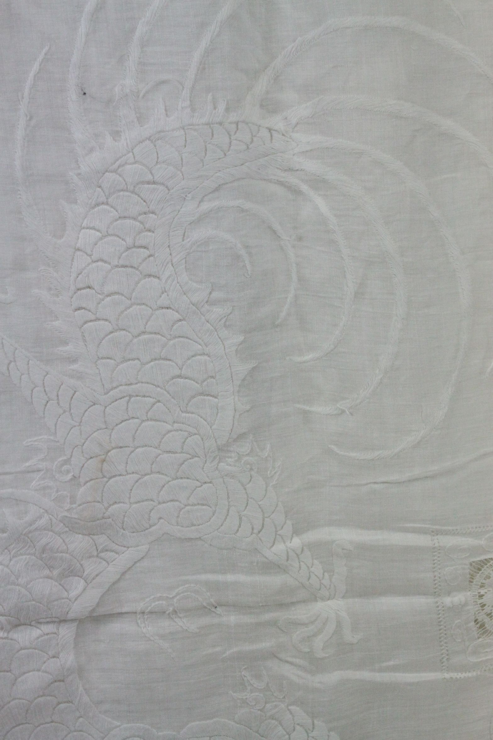 Pair of late 19th century/ early 20th century lace tablecloth, embroidered five toed dragon - Image 4 of 5