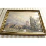 Large watercolour painting of a village scene with sheep mounted in a gilt frame unsigned 53 x 75