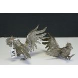 Pair of White Metal Fighting Cocks