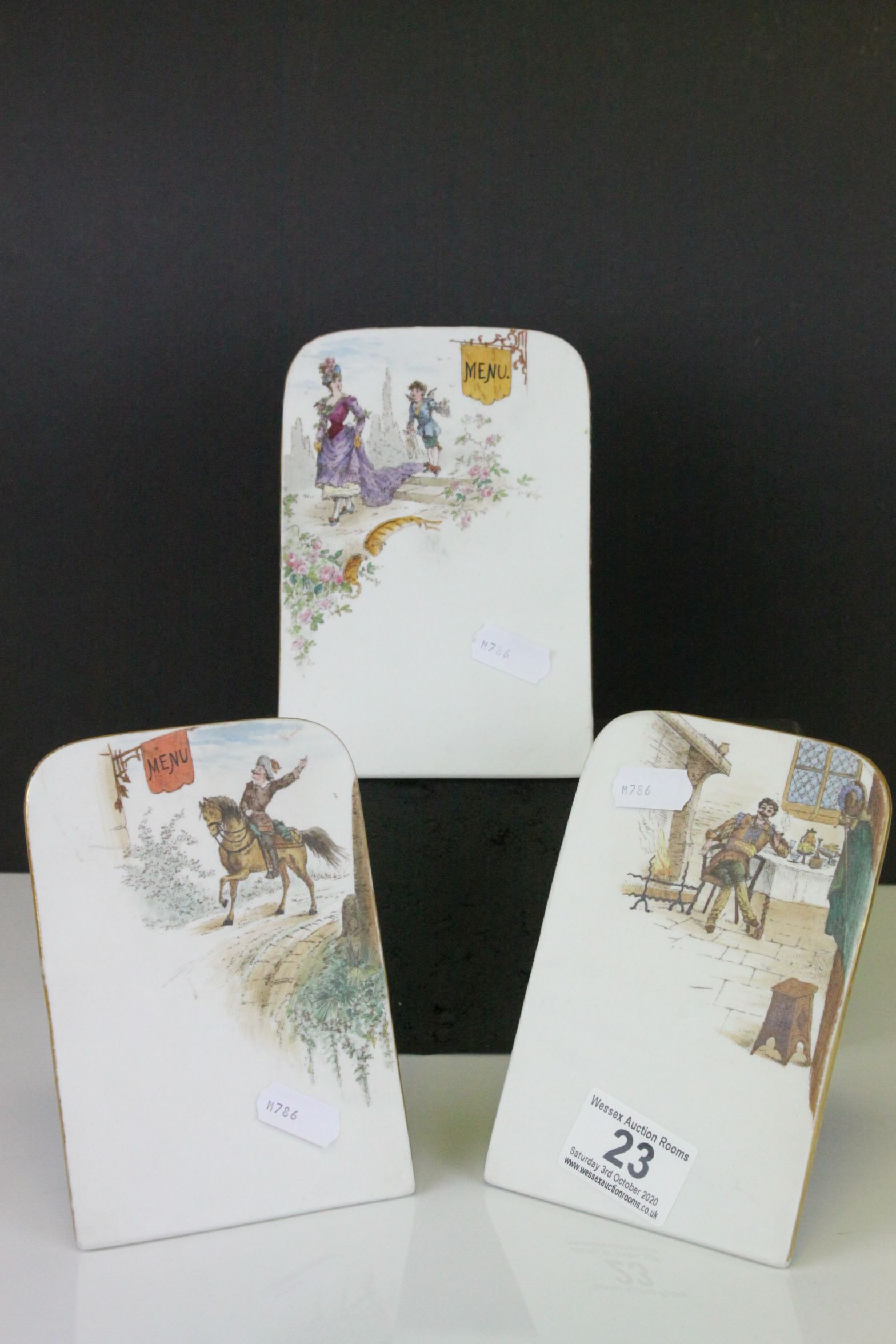 Set of Three 19th century Porcelain Menu Plaques with Easel Backs, each with a different hand