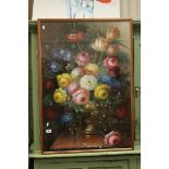 Large Oil Painting of Still Life Floral Display, 67cms x 97cms, framed and glazed
