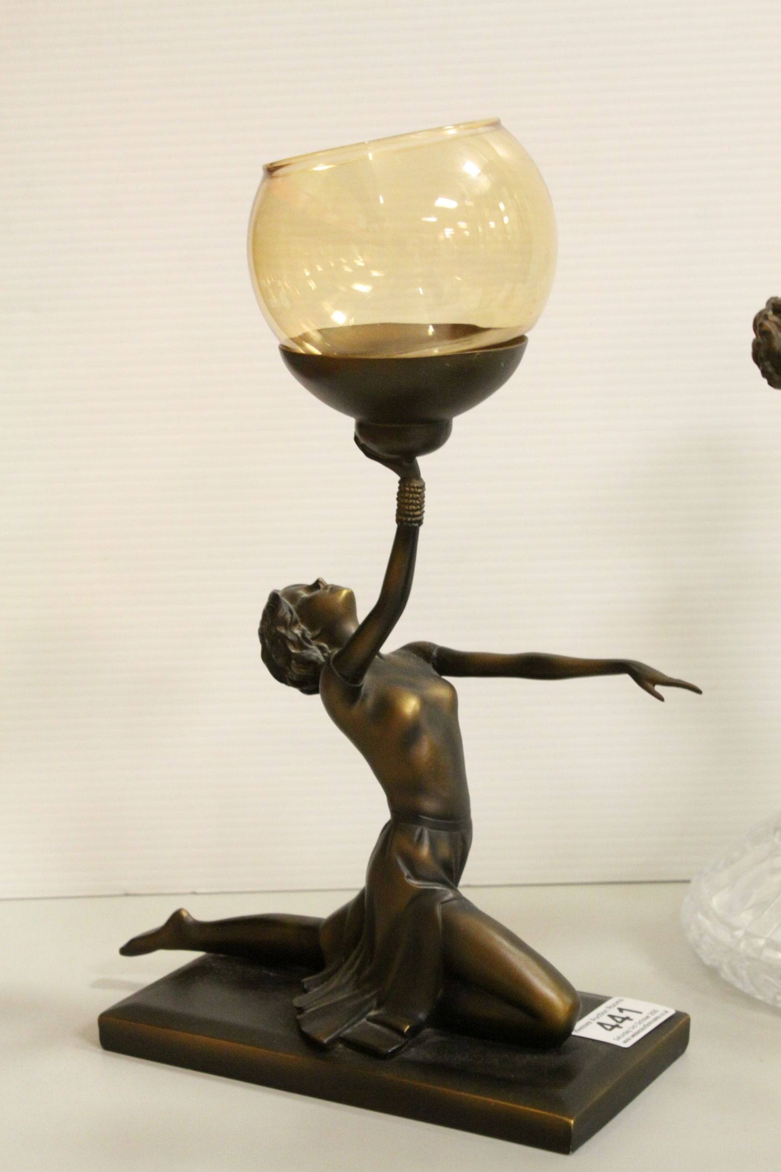 A trio of Art Deco style resin candle stands in the form of ladies together with a cut glass - Image 3 of 6