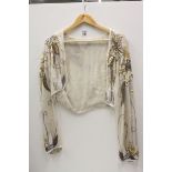 Sheer beige silk bolero, heavily embellished with silver, grey, cream, beige and white beads and