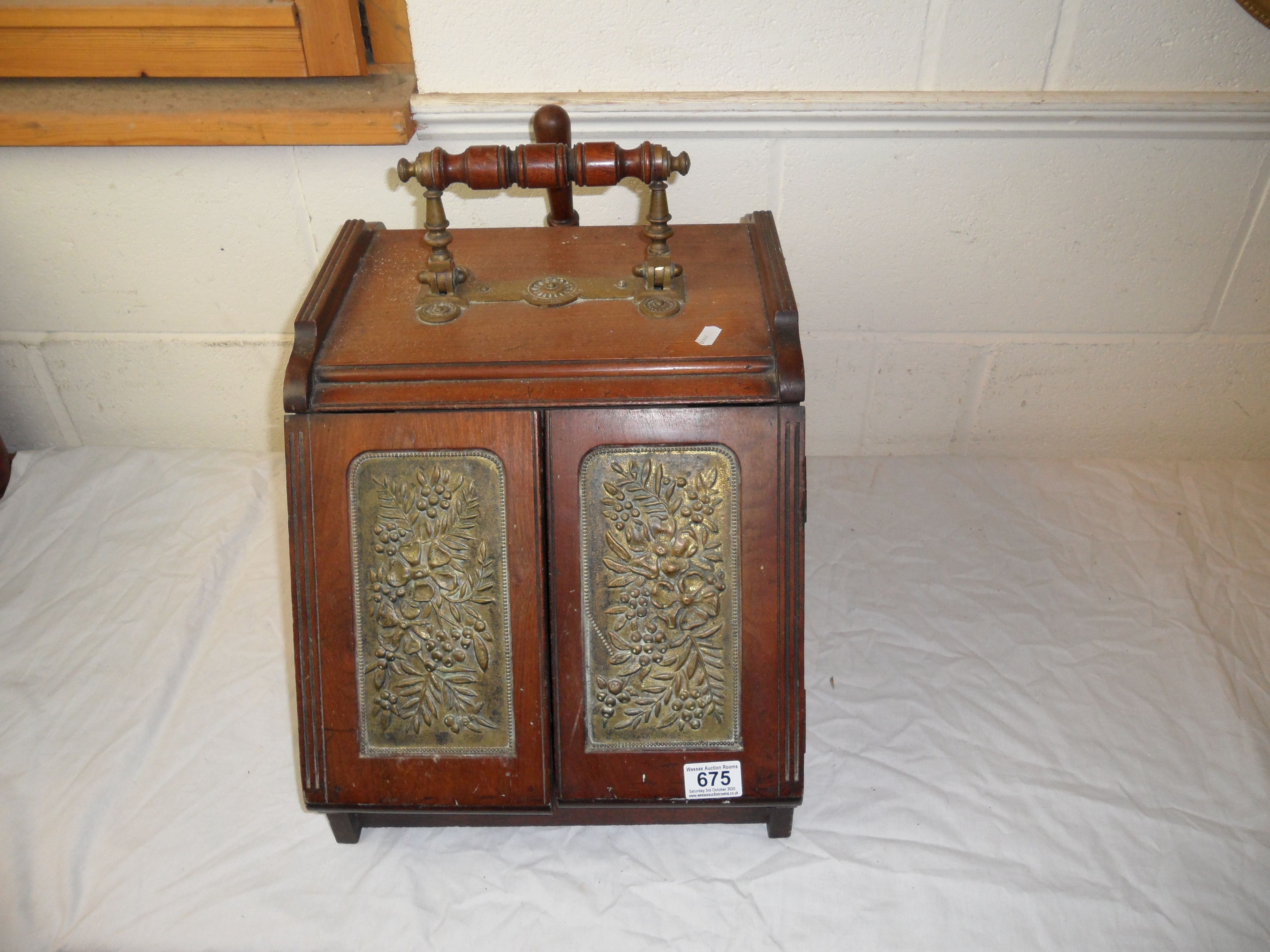 Arts and Crafts Wooden and Brass Coal Scuttle with Shovel