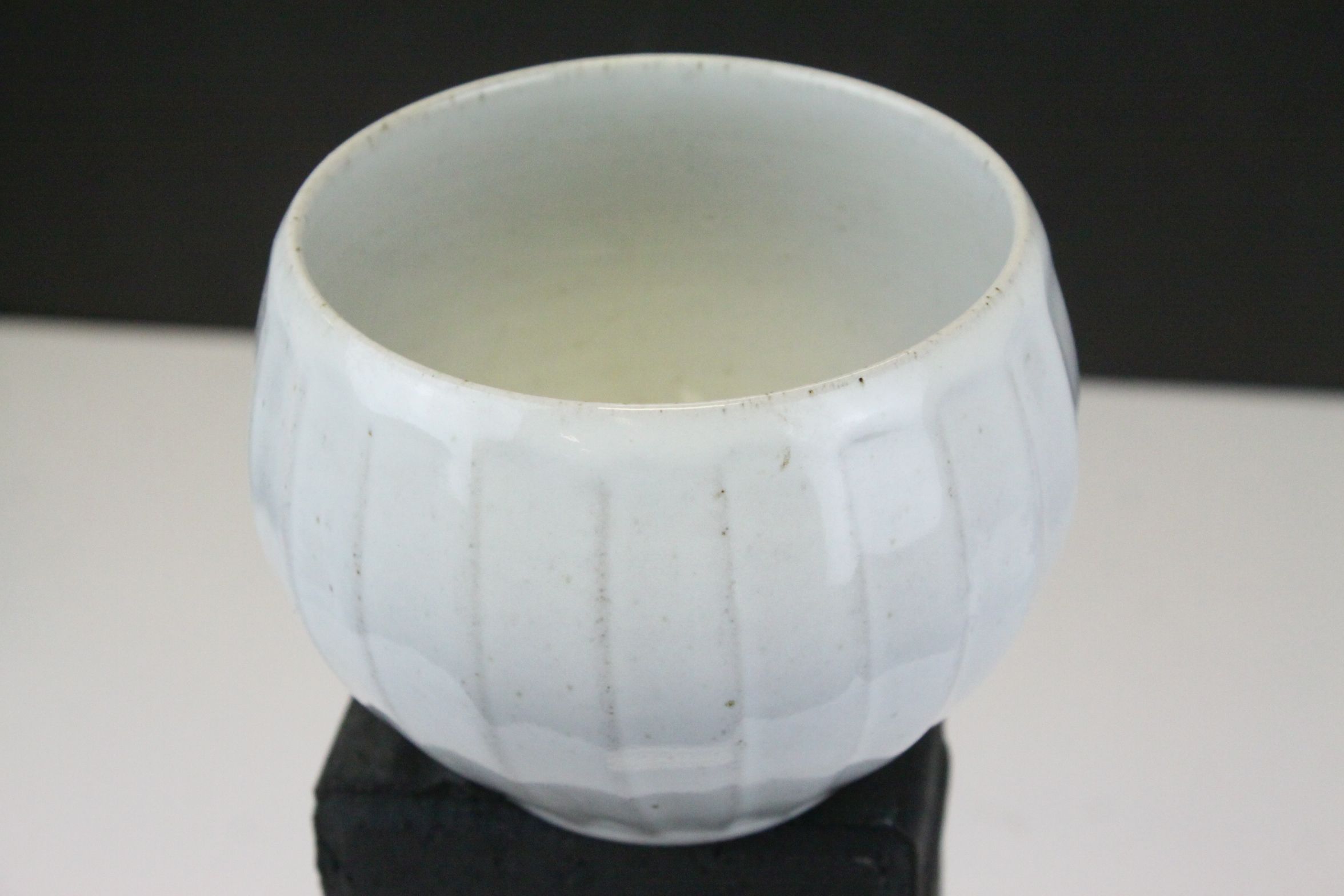 Three Studio Pottery Ribbed Bowls with A mark. largest 11.5cms high - Image 8 of 9