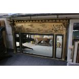 Regency Giltwood Overmantle Mirror with Three Bevelled Panes, beneath a classical frieze showing a