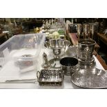 A group of silver plate to include Mappin & Webb primus, James Dixon & Sons, salver, meat skewer,