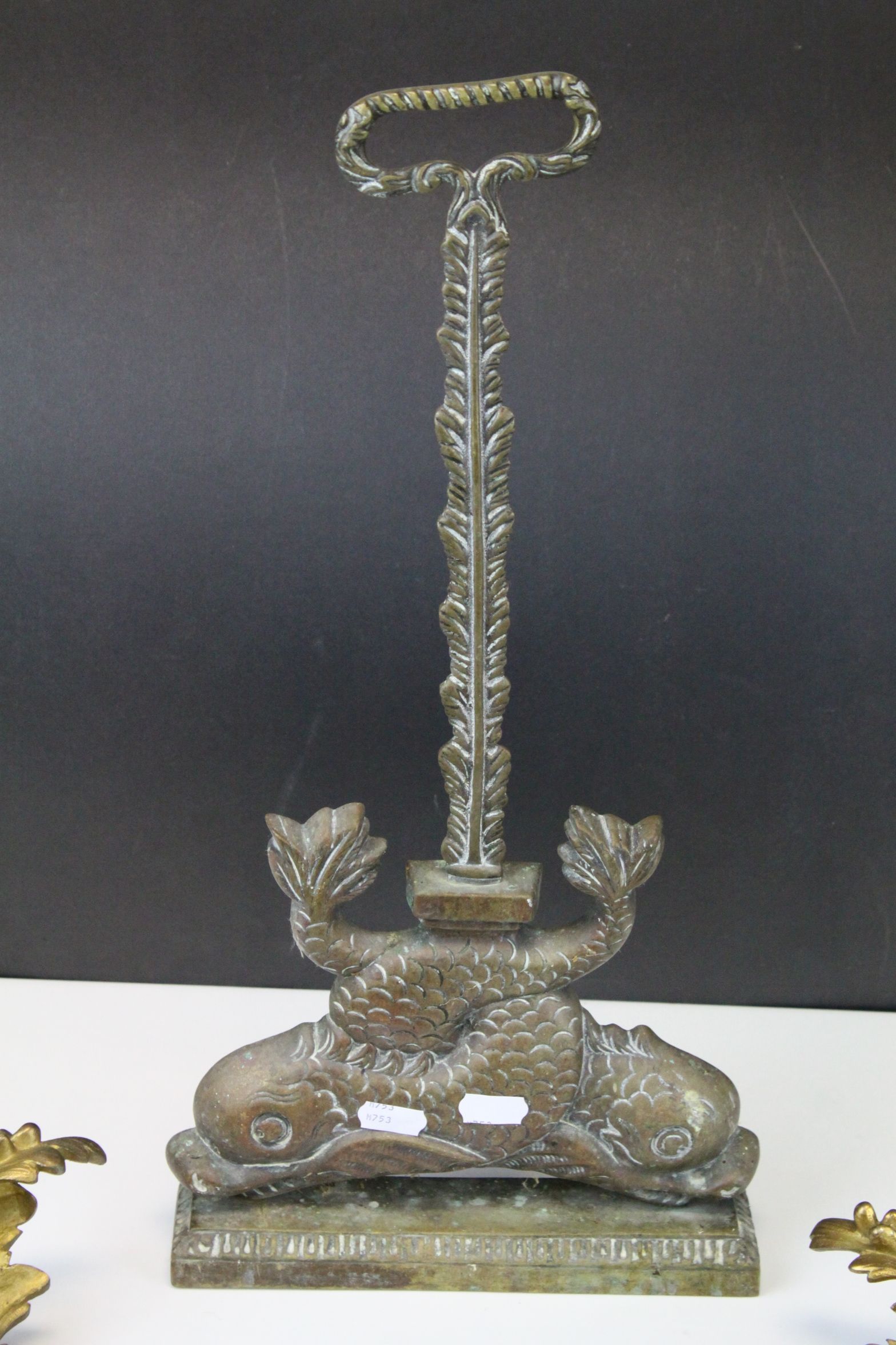 Pair of Gilt Brass Scrolling Brackets, 29cms high together with Brass ' Dolphin ' Doorstop, Silver - Image 4 of 6