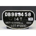 Cast Iron Railway Wagon Plate ' DB989458 14T Met-Cammell 1960 Lot no.3330 ', 16cms x 28cms