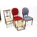 Two Oval Back Dining Chairs, Lathe Back Kitchen Chair, Mahogany Inlaid Chair and a Footstool