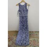 Beau Monde blue lace full length evening dress with blue bugle beads and sequins, sleeveless with