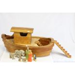Wooden Noah's Ark with some Wooden Animals and Figures, 70cms long