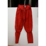 Pair of vintage Escada red suede harem trousers with silver thread, diamante and tassel decoration