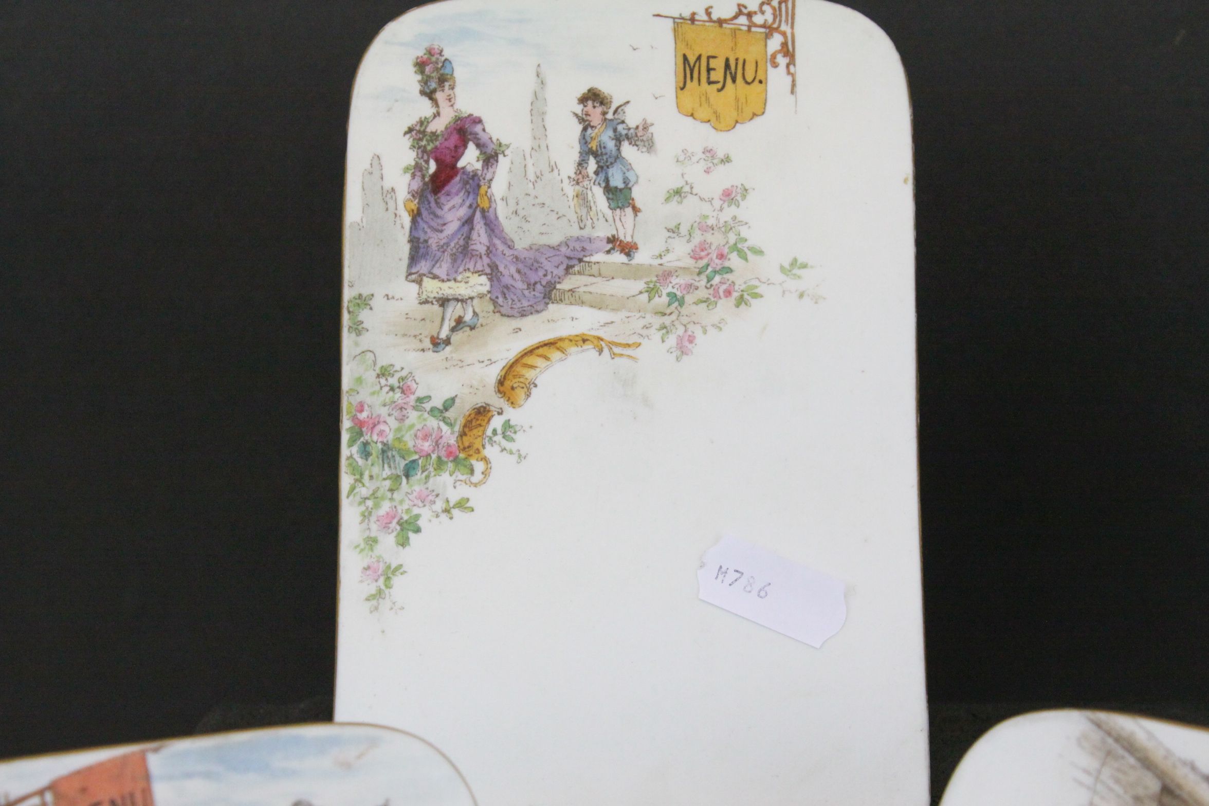 Set of Three 19th century Porcelain Menu Plaques with Easel Backs, each with a different hand - Image 2 of 9