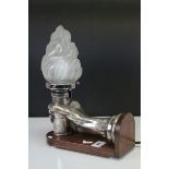 Table Lamp in the form of a Heavy White Metal Hand holding a Flaming Torch Glass Shade, 33cms high