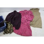 Collection of vintage clothing to include Ellen Tracy purple suede oversized shirt dress, US size 4;