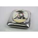 A silver cigarette case with enamel suffragette pictorial image.