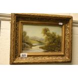Oil Painting on Board of River Scene Landscape, 17cms x 25cms, gilt framed
