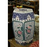 Chinese Ceramic Hexagonal Seat with faux pierced decoration and floral designs.