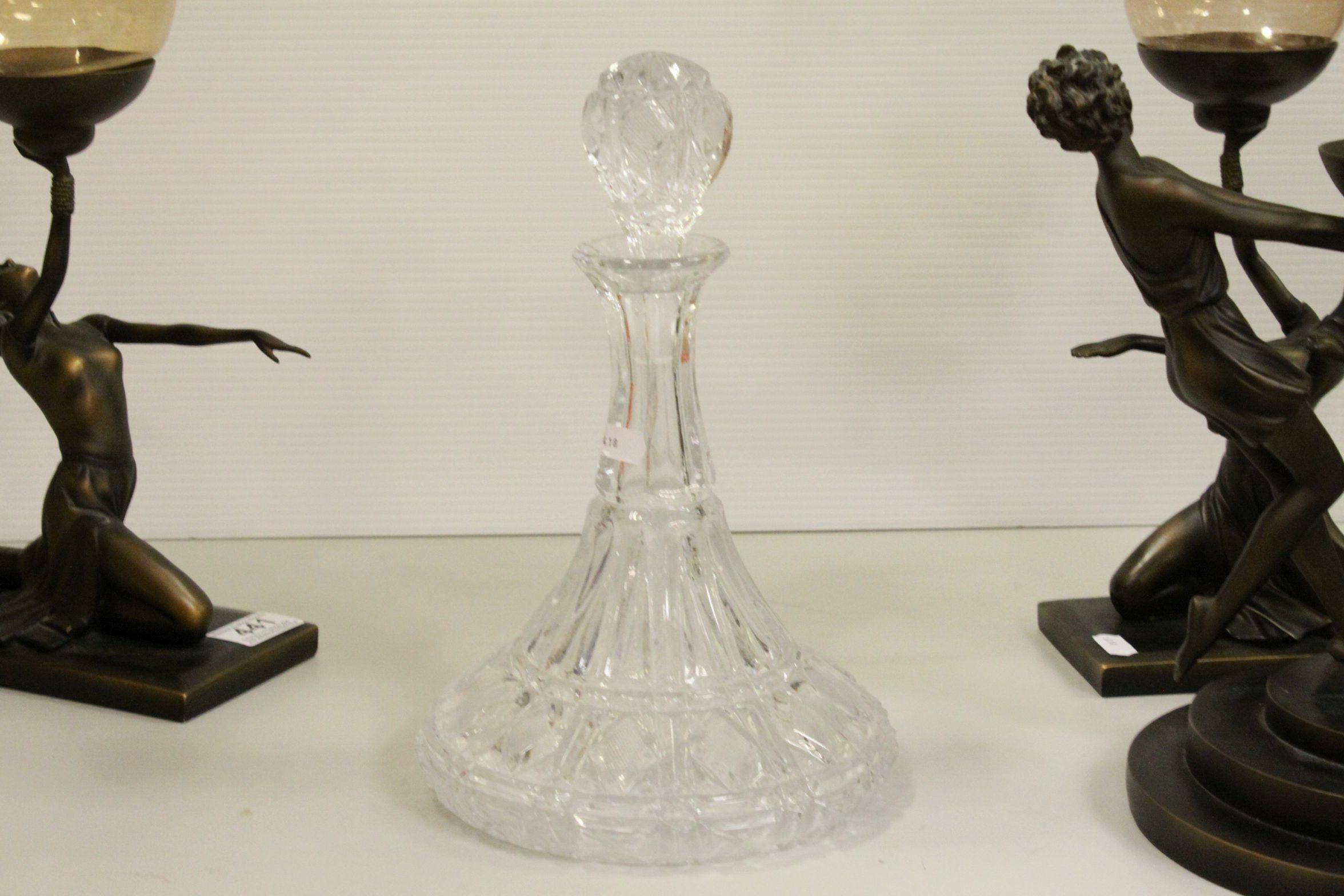 A trio of Art Deco style resin candle stands in the form of ladies together with a cut glass - Image 5 of 6