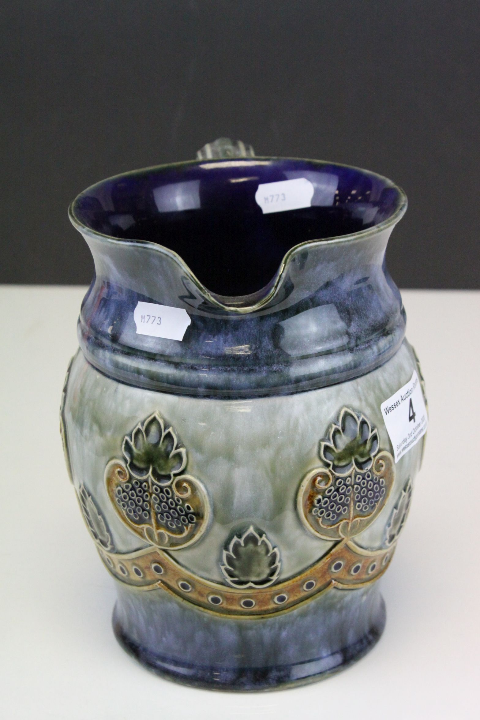 Royal Doulton Stoneware Jug with Tube-line decoration in mottled blue and greens, impressed marks - Image 3 of 6