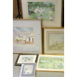 Two Naive Paintings of Children with Dogs signed Ro together with Two Watercolours and Two Prints