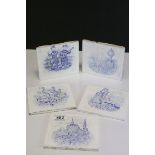 Five blue and white Meissen tiles decorated with topographical and figure decoration.