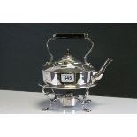 An antique silver plated spirit kettle with burner plus two table lamps