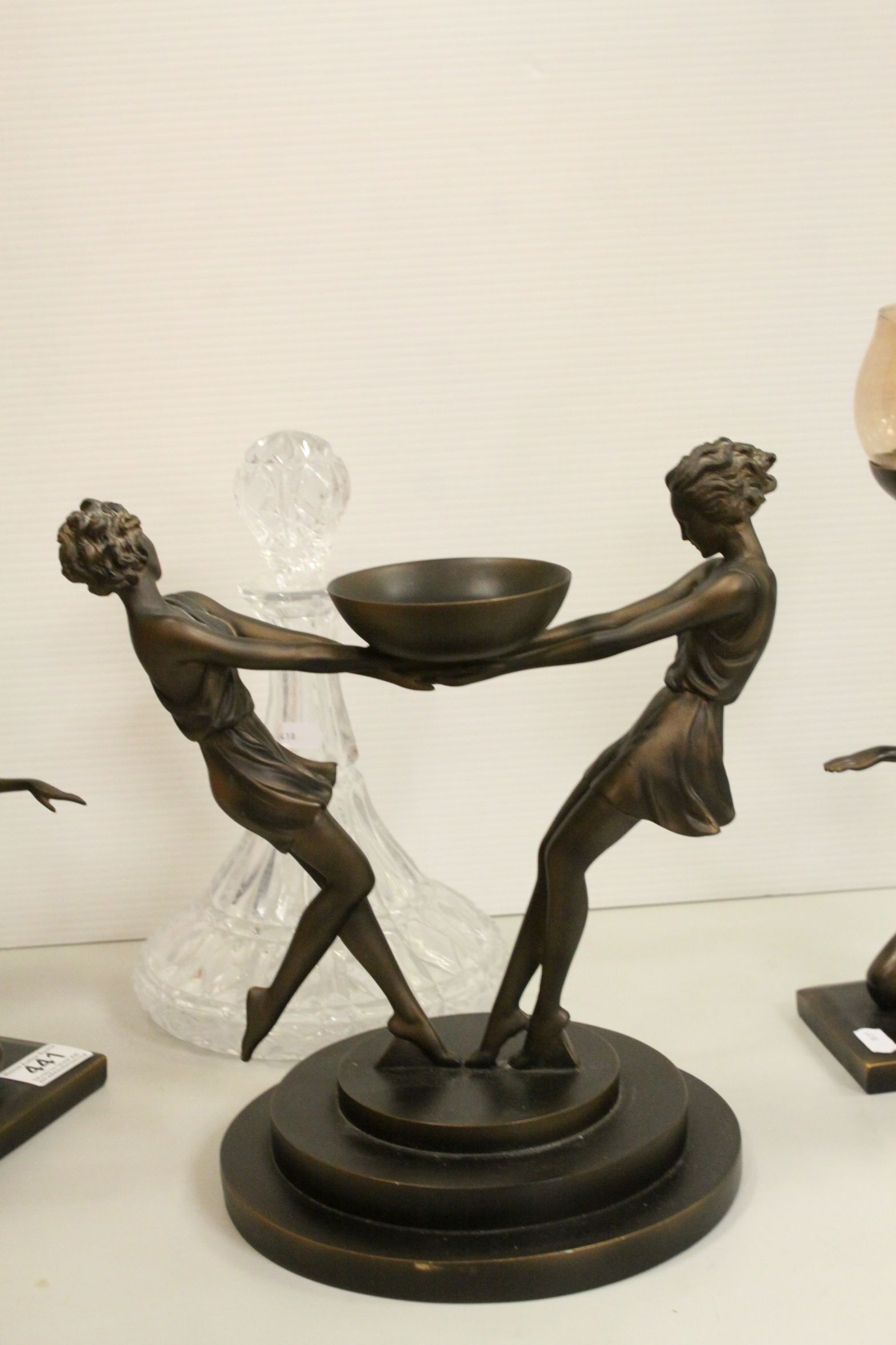 A trio of Art Deco style resin candle stands in the form of ladies together with a cut glass - Image 2 of 6