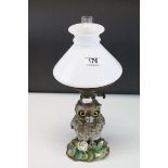 Victorian T. Goode Ceramic Oil Lamp in the form of an Owl with Glass Eyes, registration lozenge to
